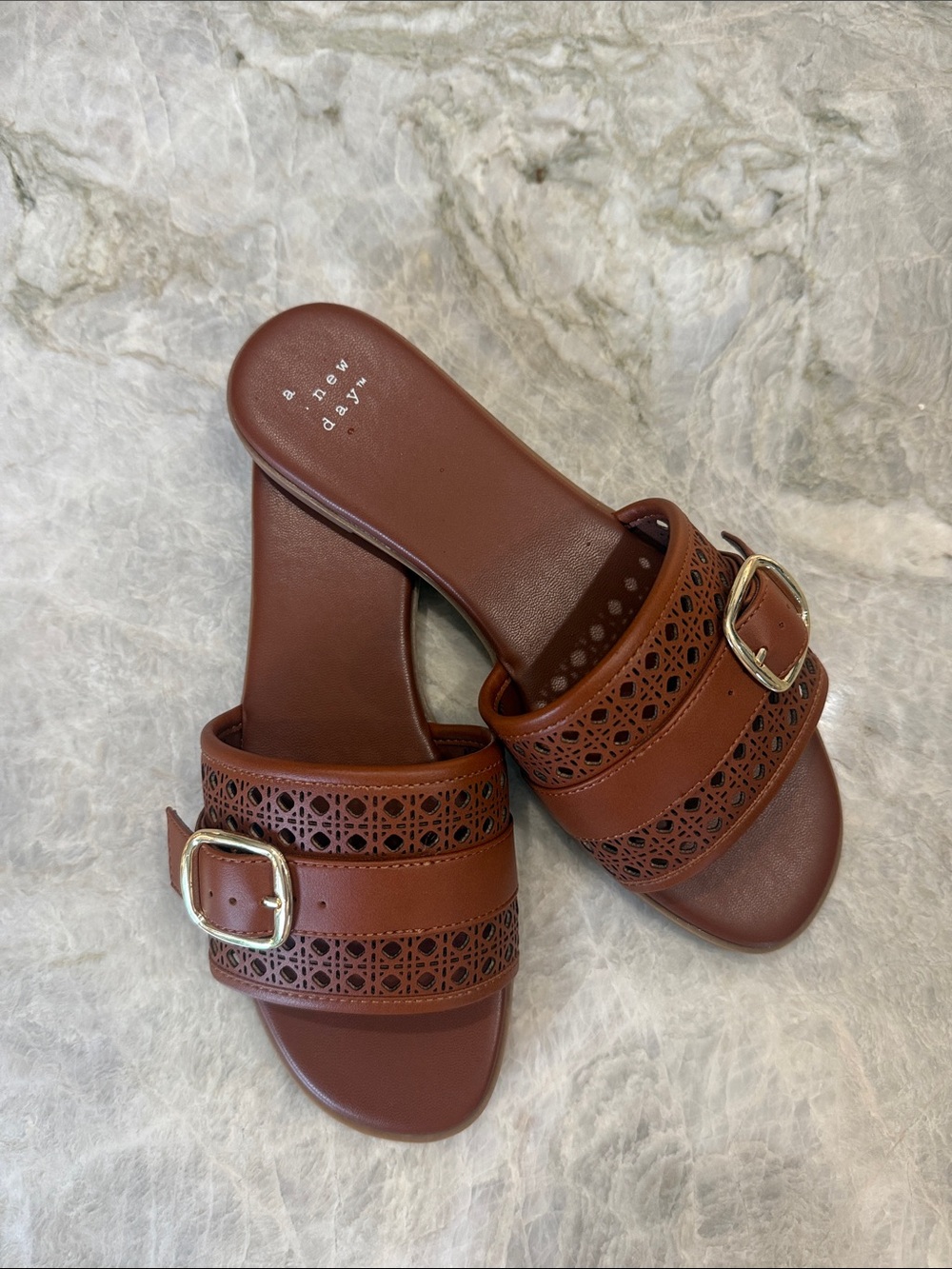 a new day NWOT Cognac Brown Slide Sandals with Gold Buckle 6 1/2 - Picture 2 of 7